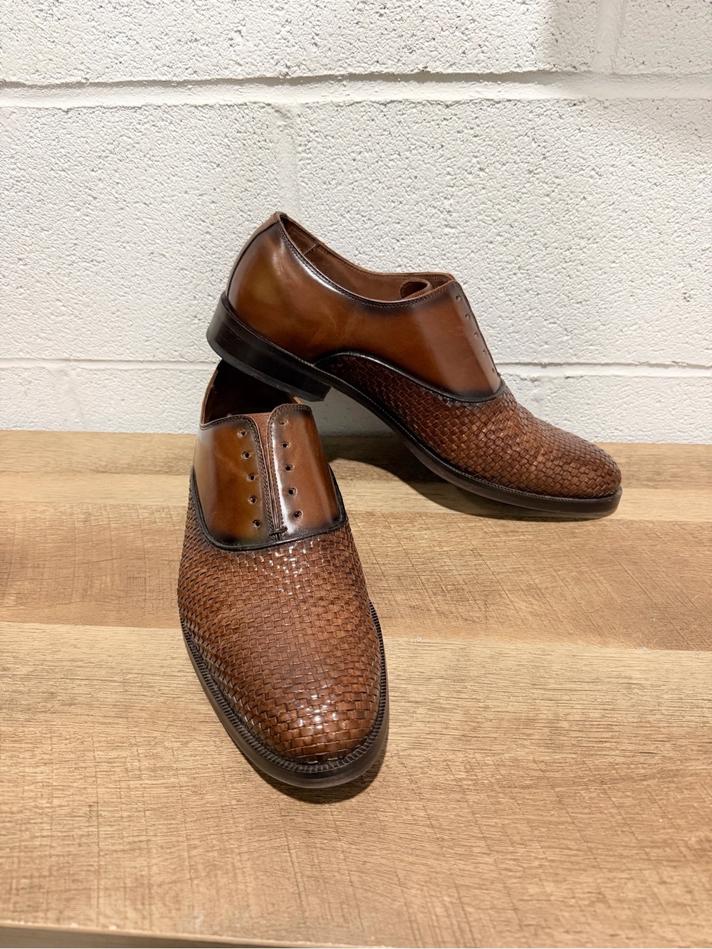 Joseph Abboud Cognac Brown Woven Leather Lace-Up Oxford Dress Shoes Men's
